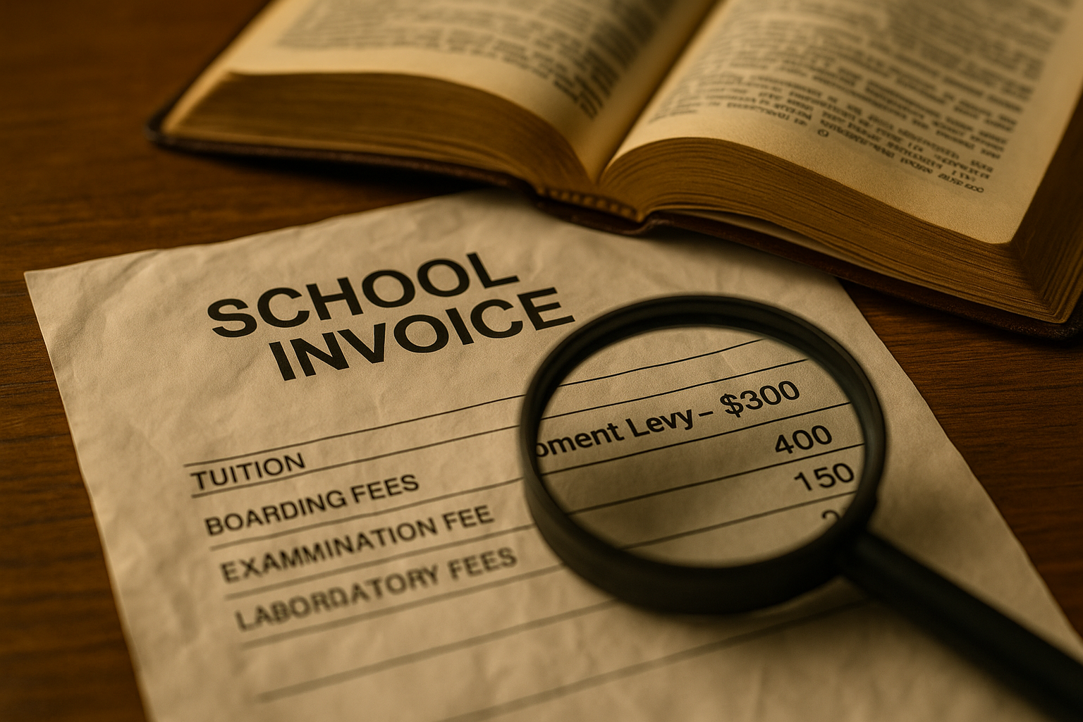 Magnifying glass over Catholic school invoice showing development fees
