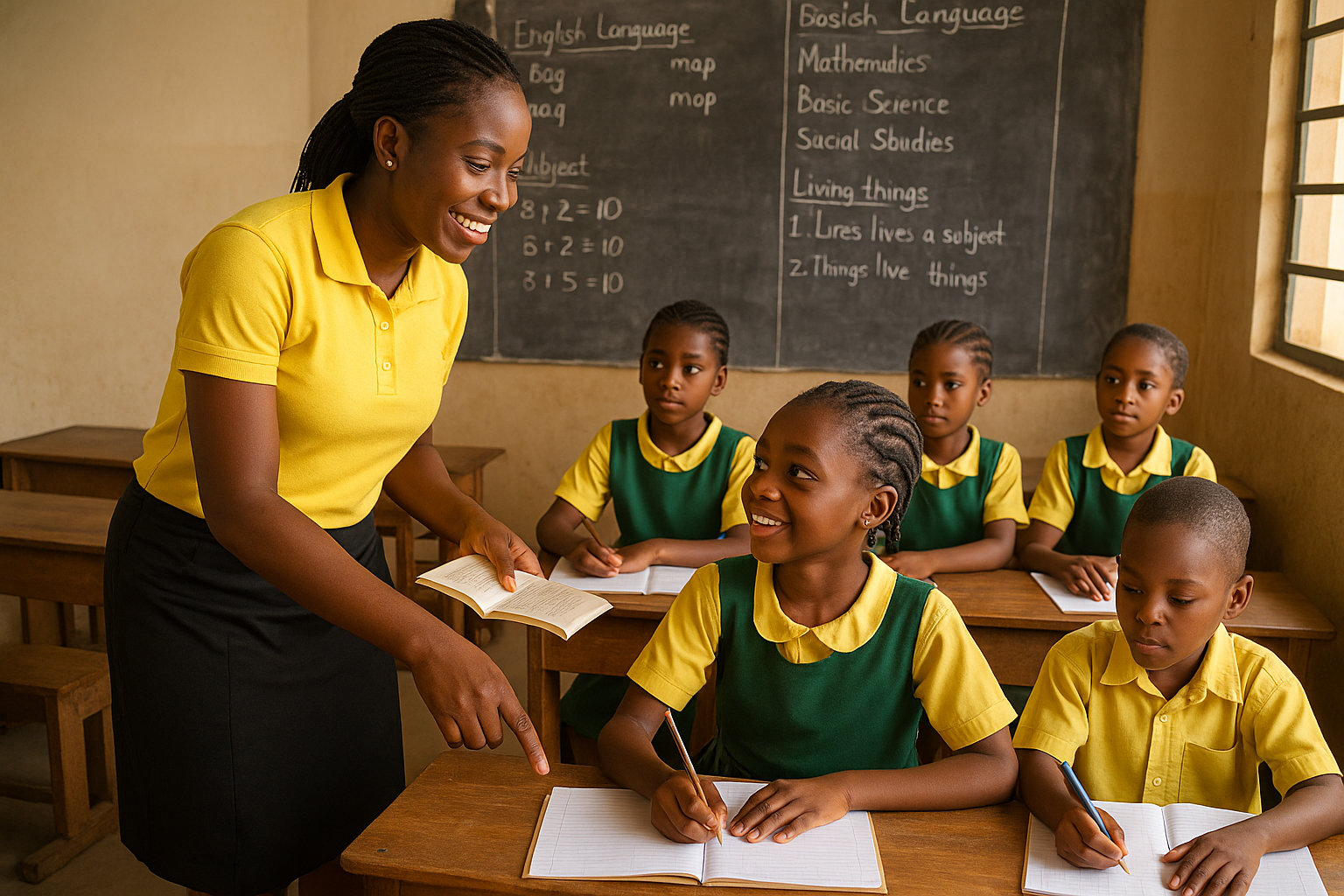 A Nigerian teacher guides pupils in a private primary school classroom, complying with government education standards.