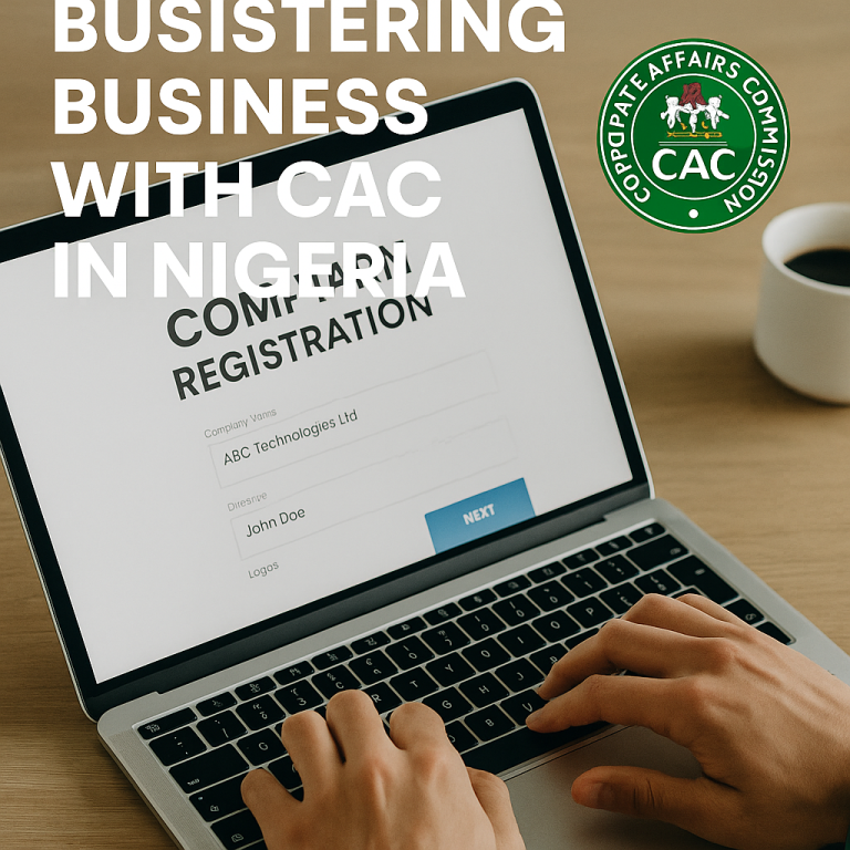 A Nigerian entrepreneur registering a business online with the Corporate Affairs Commission (CAC), with CAC logo on screen