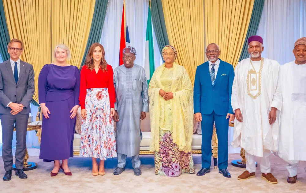President Tinubu and Queen Mary Elizabeth of Denmark shaking hands at the State House in Abuja