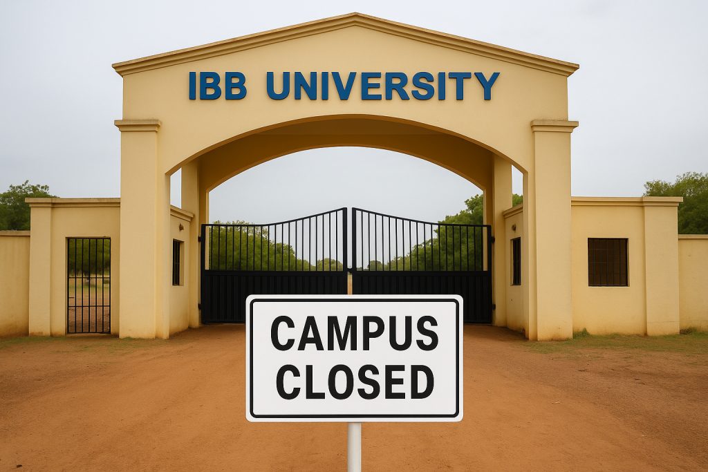 Empty campus gate of IBB University with closure notice