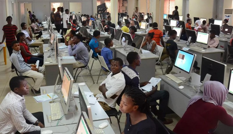 Students writing the 2025 UTME mop-up exam in a Nigerian CBT centre