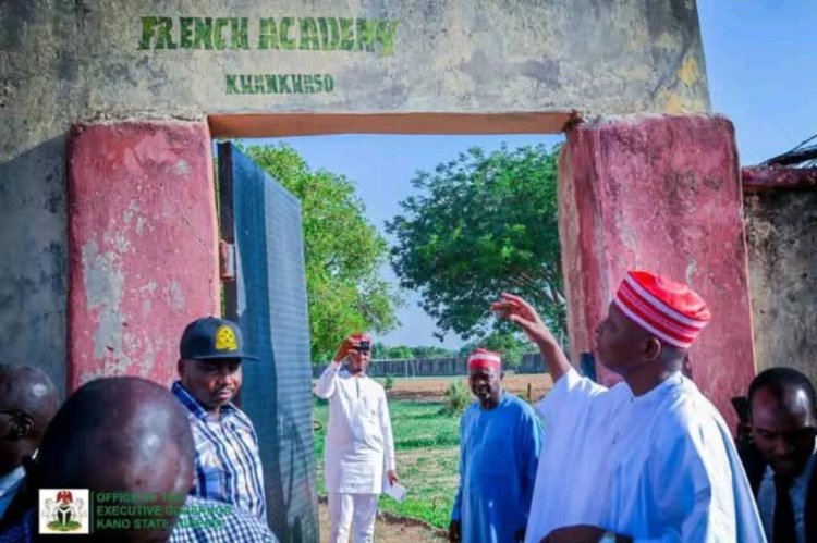 Governor Abba Kabir Yusuf inspecting the entrance of Kano-French Bilingual College during renovation launch
