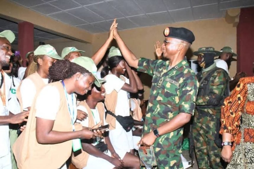 Brigadier General Olakunle Nafiu speaking to Batch A Stream Two NYSC Corps Members at Cross River and Ebonyi orientation camps