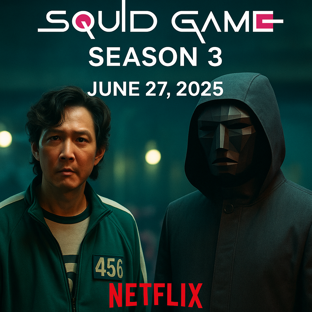 Promotional poster for Squid Game Season 3 on Netflix, featuring main characters Gi-hun and the Front Man in a dramatic face-off.