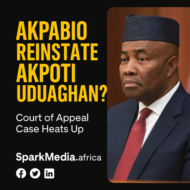 Social media graphic with Godswill Akpabio and the headline “Akpabio Reinstate Akpoti Uduaghan?”