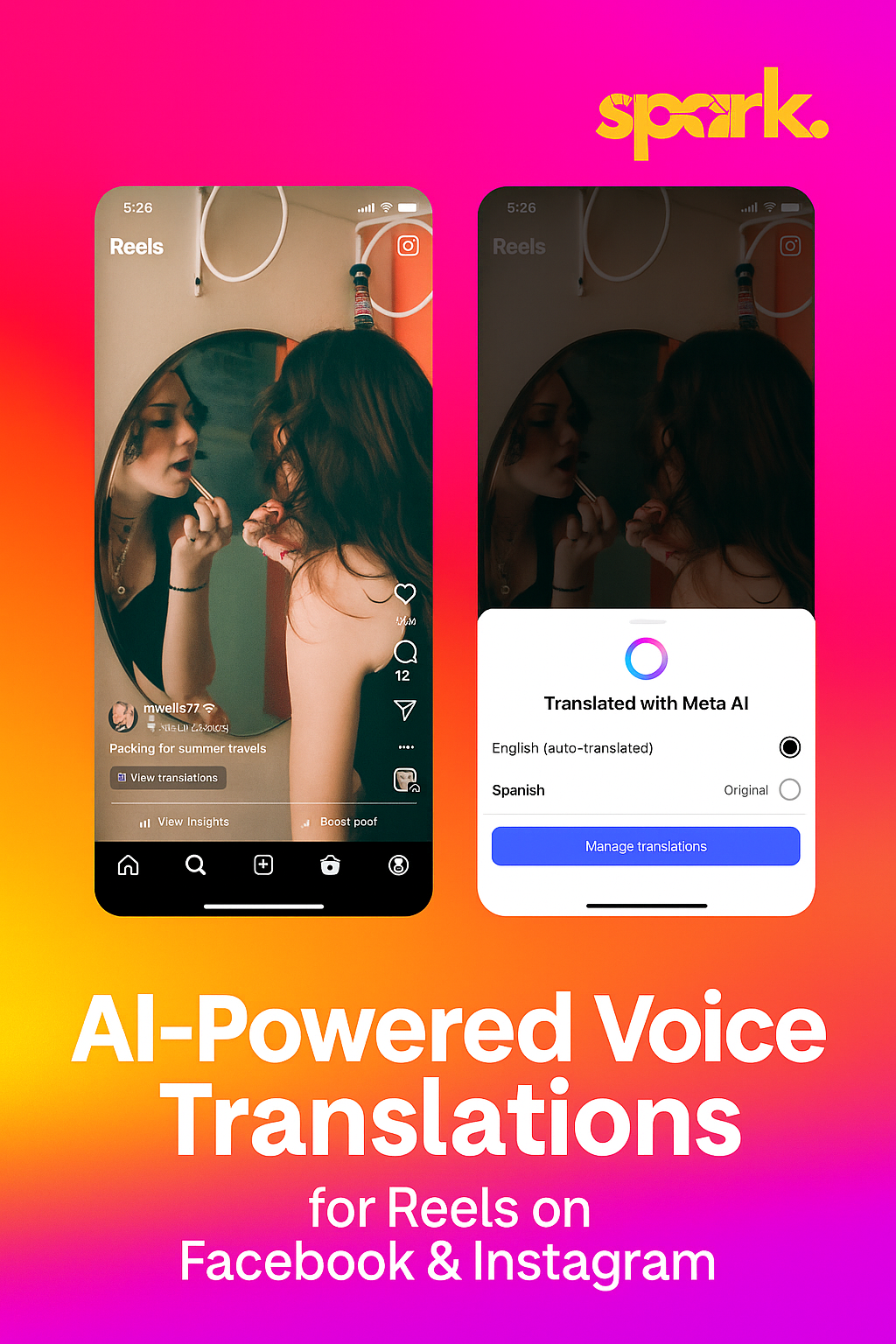 This screenshot illustrates Meta's Reels translator UI on Facebook and Instagram, including the “Translate your voice with Meta AI” toggle and the optional lip-sync setting. It captures how creators can effortlessly make content multilingual while maintaining authenticity.