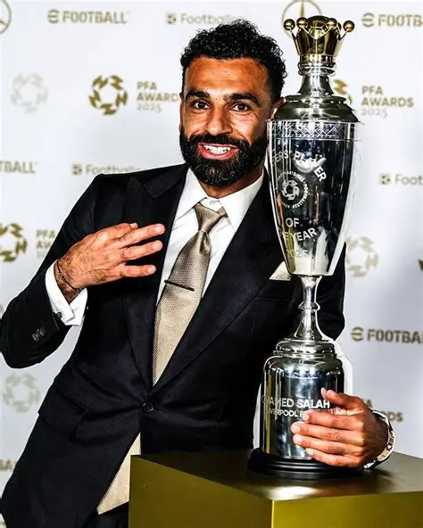 Mohamed Salah holding PFA Players’ Player of the Year award in Manchester