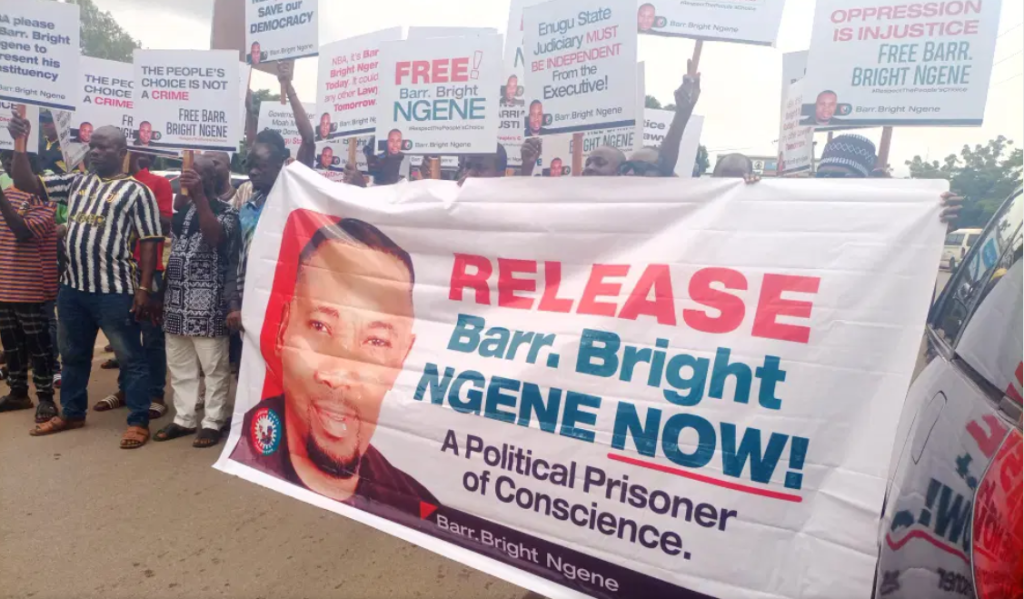 Supporters protest at NBA Conference in Enugu demanding the release of detained lawmaker Bright Ngene