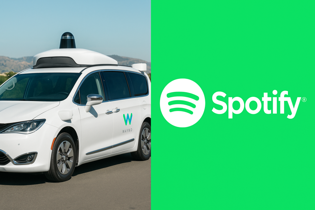Waymo’s self-driving robotaxi alongside the Spotify music streaming logo, representing the new in-car audio upgrade.