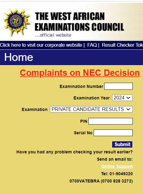 Screenshot of WAEC 2025 result checker portal (waecdirect.org) where candidates enter exam number, e‑PIN, and year.