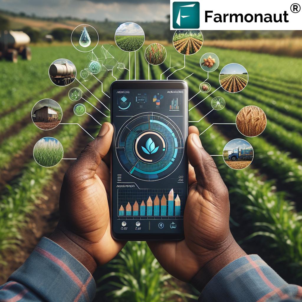 Nigerian farmer monitoring crops via mobile phone in AI farming system