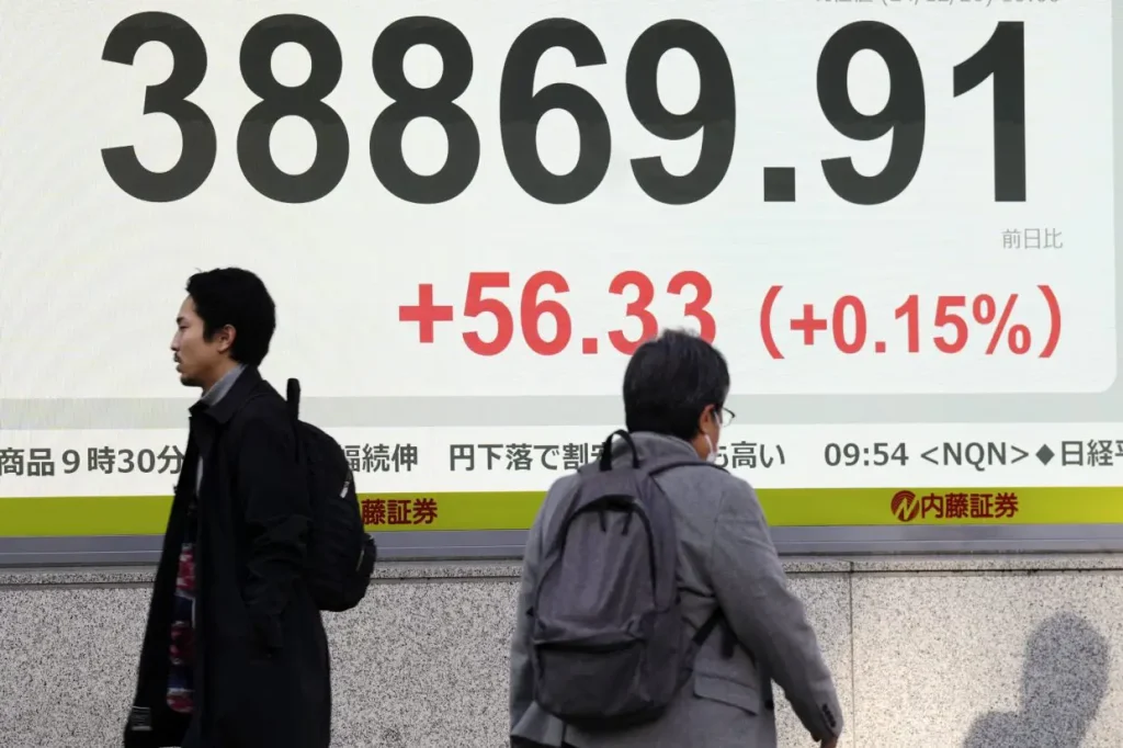 Asian stock market indices showing mixed movement, including a notable drop in Chinese equities.