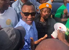 “Omoyele Sowore outside Federal High Court awaiting cybercrime arraignment in Abuja”