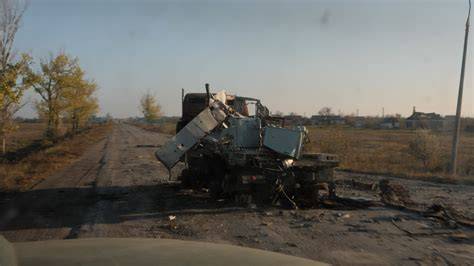 UN humanitarian truck burning after Russian strike in Kherson, Ukraine