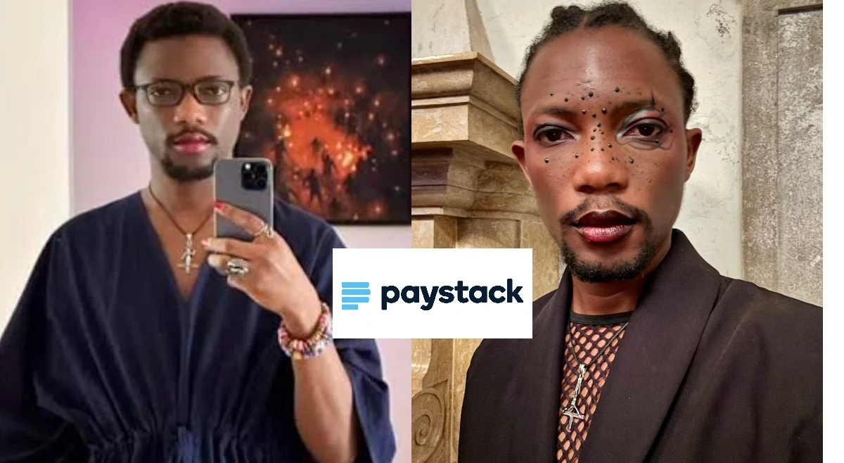 Paystack logo and a blurred image of Ezra Olubi symbolizing investigation and suspension
