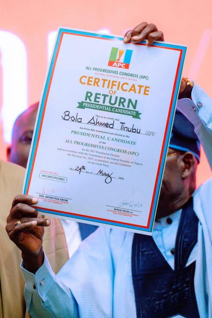 President Bola Tinubu receiving APC Certificate of Return for 2027 election