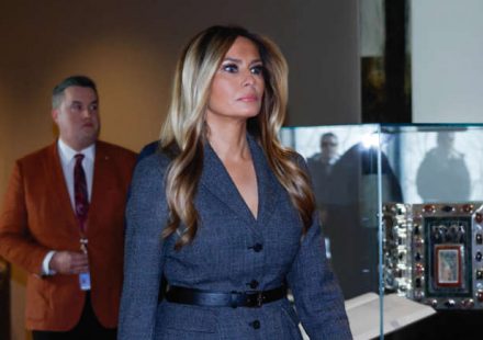 Historical portraits of prominent US First Ladies looking serious inside the White House.