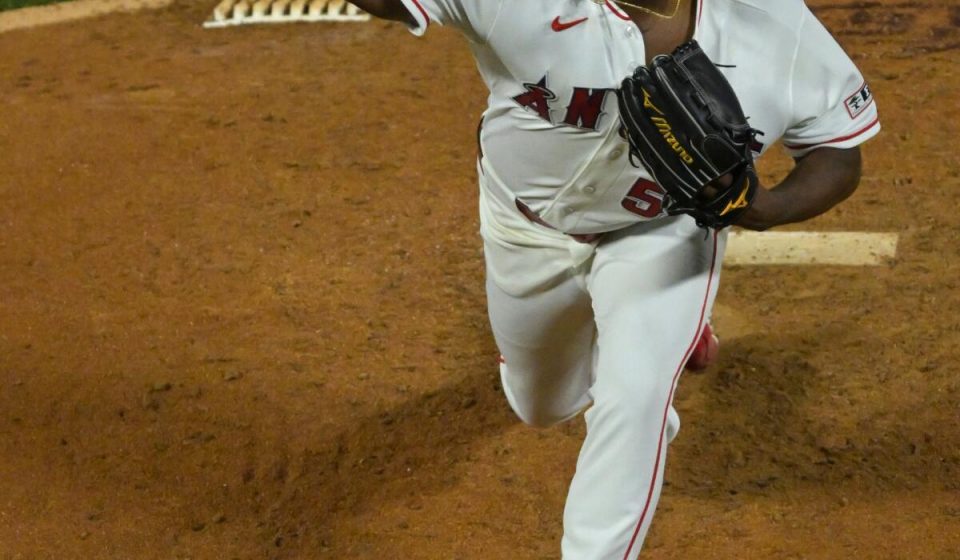 Los Angeles Angels pitcher José Soriano on the mound during a game.