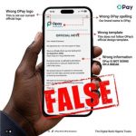 The OPay logo alongside a bold Fake News graphic overlay.