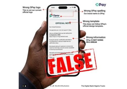 The OPay logo alongside a bold Fake News graphic overlay.