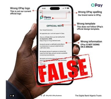The OPay logo alongside a bold Fake News graphic overlay.
