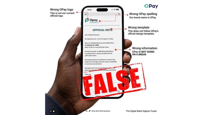 The OPay logo alongside a bold Fake News graphic overlay.