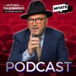George Galloway hosting his live broadcast MOATS alongside a portrait of Nigerian President Bola Tinubu.