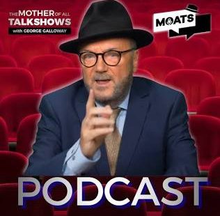 George Galloway hosting his live broadcast MOATS alongside a portrait of Nigerian President Bola Tinubu.