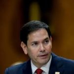 US Secretary of State Marco Rubio speaking at a press conference regarding international defense policy.