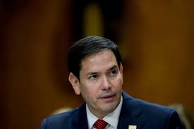 US Secretary of State Marco Rubio speaking at a press conference regarding international defense policy.