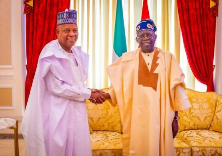 Vice President Kashim Shettima speaking alongside Kwara State Governor AbdulRahman AbdulRazaq in Ilorin.