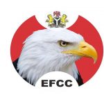 EFCC Chairman Ola Olukoyede speaking at a press conference alongside digital cryptocurrency icons.