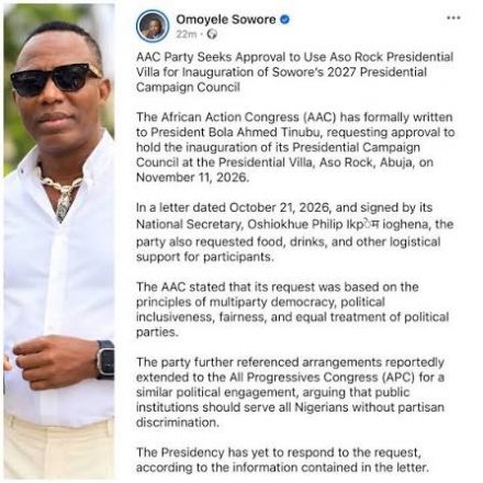Arise News broadcast covering the AAC letter requesting Aso Rock for Omoyele Sowore's campaign.