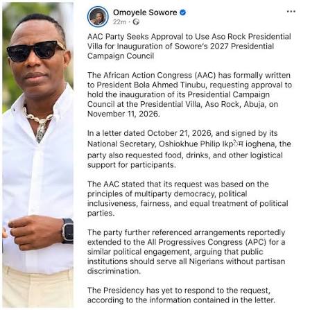 Arise News broadcast covering the AAC letter requesting Aso Rock for Omoyele Sowore's campaign.