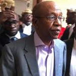 Former CBN Governor Godwin Emefiele arriving at the court in Abuja for his trial.